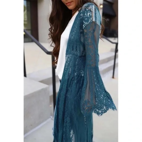 SOLD OUT Teal Eyelash Lace Bohemian Long Kimono Duster Wrap Coverup - Picture 5 of 5